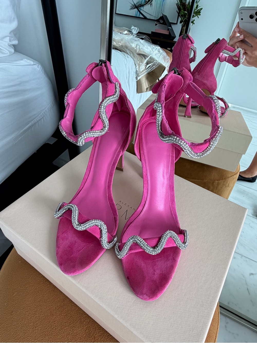 Alexandre Birman Hot Pink Suede Rhinestone-Trim Heels